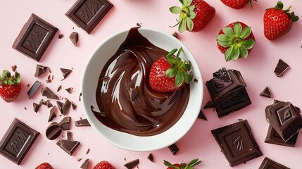   A chocolate-filled bowl with strawberry toppings sits atop a pink table, surrounded by chocolate bars and additional strawberries