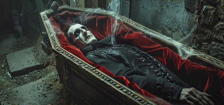 Vampire man lying in a coffin in a luxurious, cobweb-filled, dark and eerie room. Concept of horror, Gothic fashion, undead, supernatural, Halloween