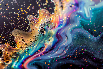 vibrant abstract background with colorful liquid glitter and bubble patterns creating a stunning visual effect on a dark surface