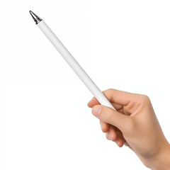 Hand Holding A Simple White Pen With Silver Tip Isolated On White Background Showing Writing Tool