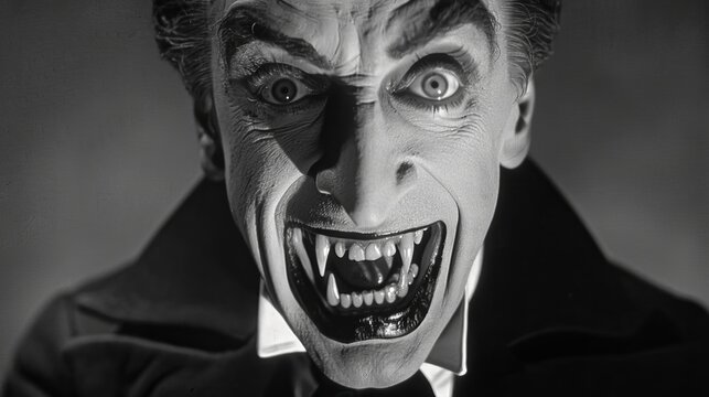 Black and white portrait of an elderly Caucasian man with a sinister smile in a vintage setting. Concept of horror, villain, vintage style, classic film character