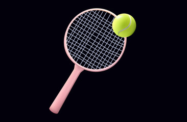 Tennis, racket with ball. Badminton, sports equipment. Items for competition and sports. Athletics, active, healthy lifestyle, leisure. Tennis racket icon 3D. Vector object.