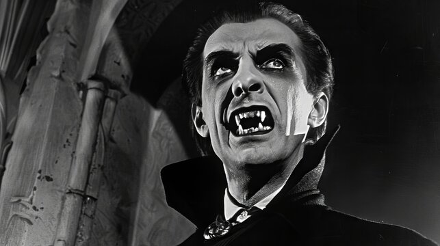 Black and white image of a menacing vampire with fangs in a dark gothic setting. Concept of horror, classic monster, supernatural figure, sinister expression, Halloween