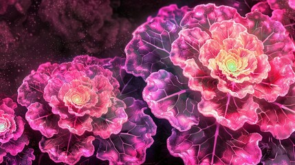 Obraz premium A close-up of a bouquet of flowers on a purple and pink background with a green center
