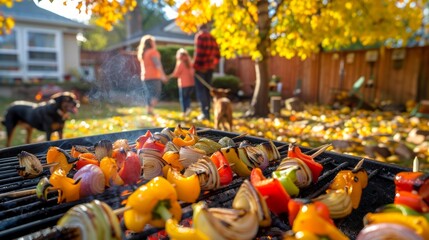 Fototapeta premium Family enjoying a backyard barbecue with grilled vegetables and a playful dog. Concept of outdoor cooking, family leisure, pet companionship