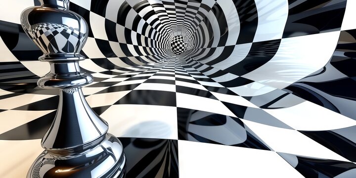 Black and white abstract chess piece in a twisted checkered environment. Concept of chess, strategy, abstract art, surrealism. Abstract background
