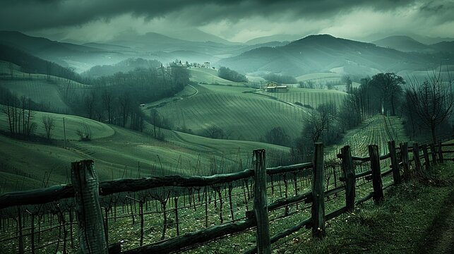   Wooden fence in front of lush green hills with distant rolling hills and dark clouds overhead