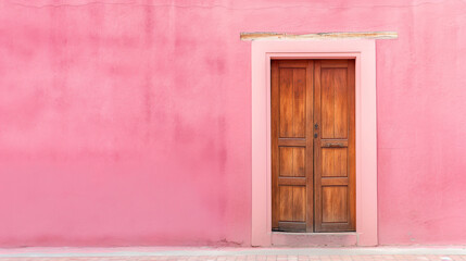 A wooden door is standing in front of a pink wall, photography background