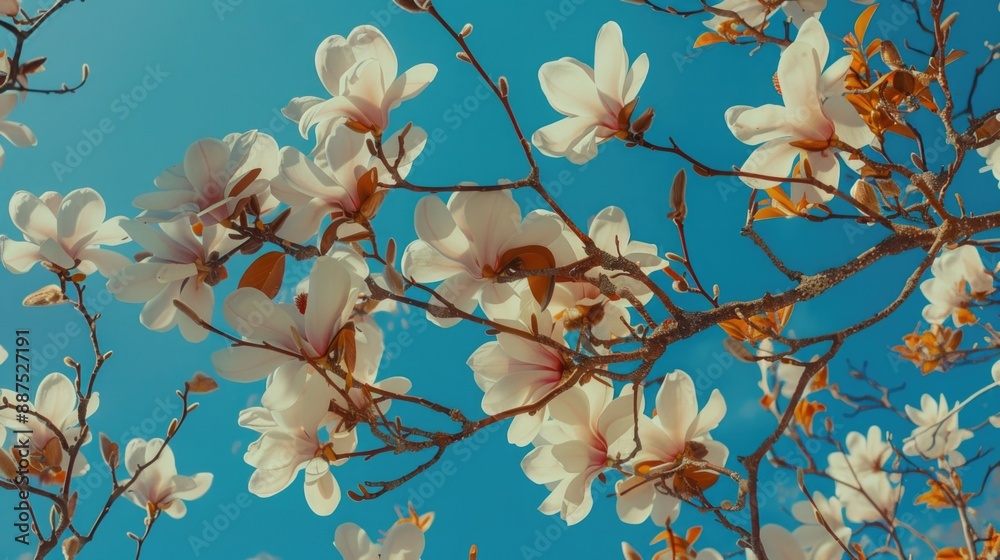 Poster close-up shot of a tree branch covered in white flowers, perfect for use in editorial or commercial 
