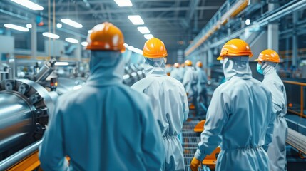 Factory setting with workers in protective gear, machinery operating, dynamic lighting, Labor Day, industrial workforce