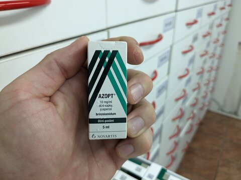 Prague, Czech Republic - July 10 2024: AZOPT box of eye drops with BRINZOLAMIDE active substance by NOVARTIS, used for treatment of glaucoma and ocular hypertension.
