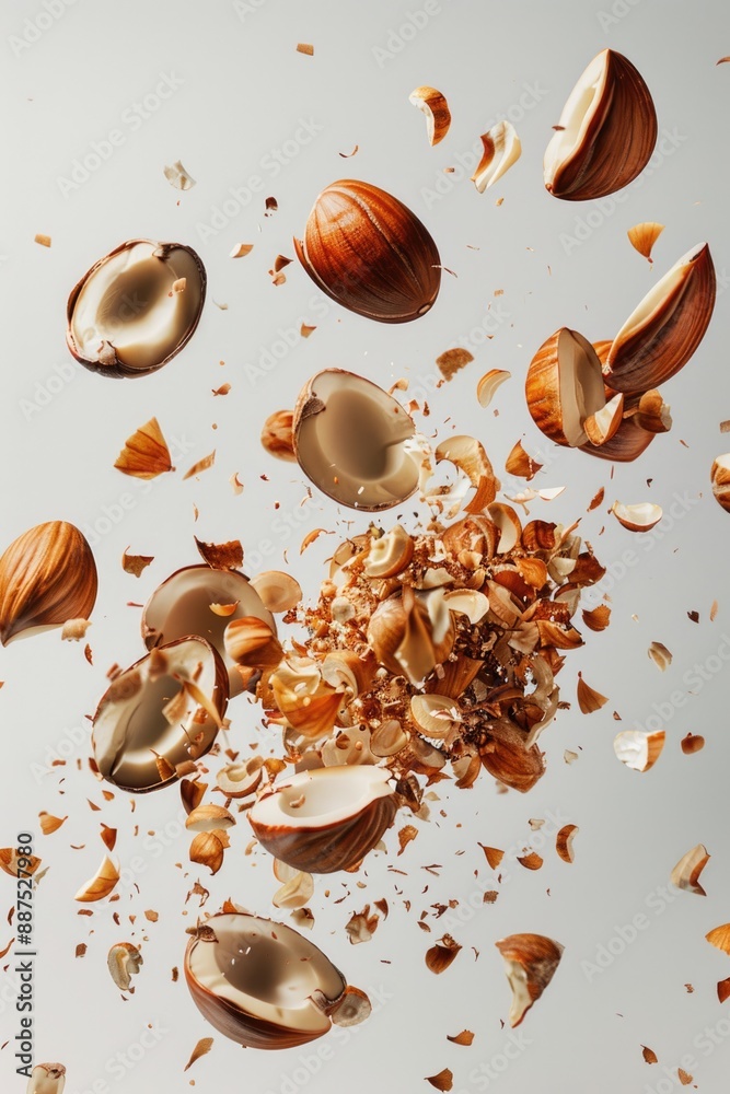 Poster A close-up view of a cluster of nuts floating in the air