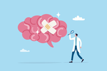 Mental health, depression or anxiety heal or recovery, psychotherapy, emotional intelligence, heal stress disease, mental wellbeing concept, doctor analyze cured mental illness brain with bandage.