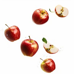 A dynamic arrangement of red apples, both whole and sliced, appearing to float against a clean white background. The vibrant colors and droplets of water emphasize the freshness and juiciness