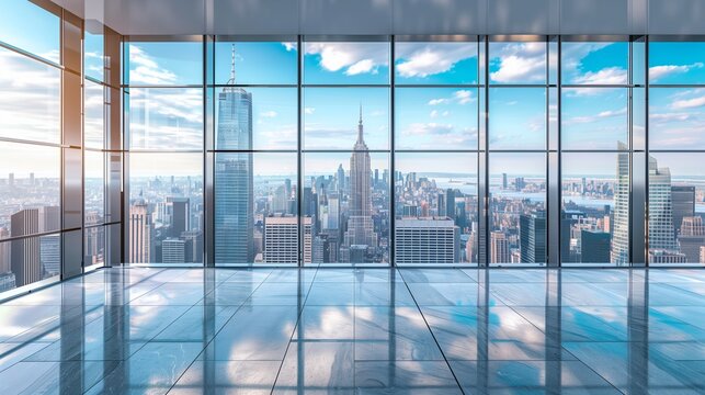Fototapeta A breathtaking panoramic view of the New York City skyline seen through expansive floor-to-ceiling windows. The scene captures iconic skyscrapers under a bright blue sky with scattered clouds