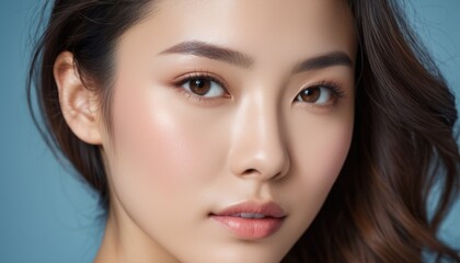 Obraz premium Close up portrait of a serene woman against a minimalist background. Perfect for beauty, skincare, and fashion concepts.