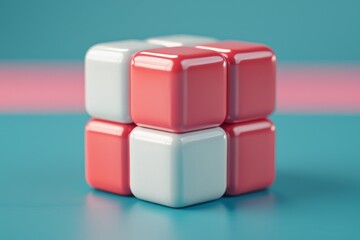 Obraz premium Minimalist cube in pastel colors on a reflective surface emphasizing simplicity and modern design