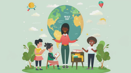 International Day of the Social Pedagogue. A female teacher teaches a lesson in a classroom for children