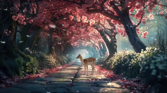 Deer standing in a tunnel of blooming flowers and trees. Seamless loop video background