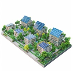 3D Render of a Sustainable Urban Neighborhood with Solar Panels, on isolated white background, Generative AI