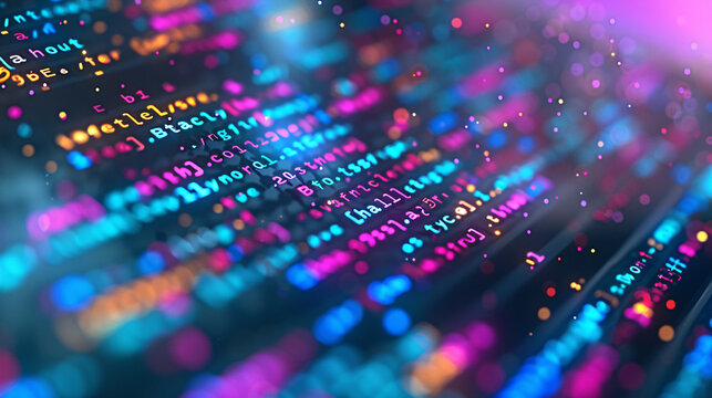 A colorful image of code with a blue background. The code is in a variety of colors and he is a mix of different programming languages. Concept of creativity and complexity