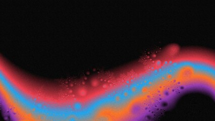 black background with curve of purple yellow blue red colors and bubbles with defocused blue noise grainy effects