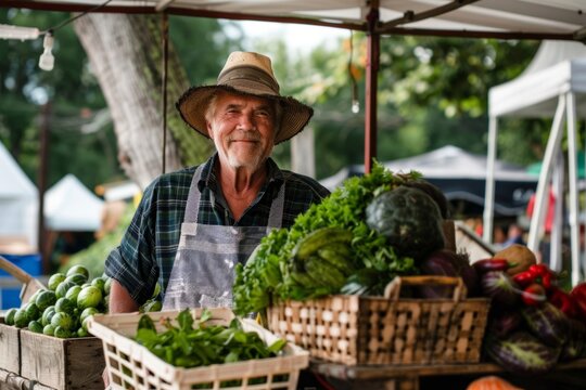 A farmer enthusiastically sells fresh produce at a bustling farmer's market, embodying local business vitality, agricultural pride