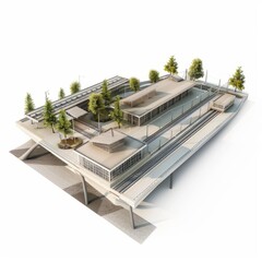 3D Render of a Transit-Oriented Development with a Train Station, on isolated white background, Generative AI
