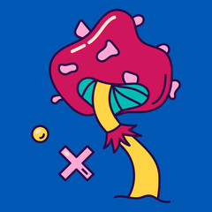 Surreal groovy psychedelic mushrooms on blue background.