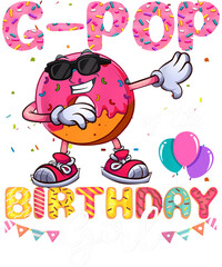 A donut wearing sunglasses and making a dabbing pose with confetti and balloons, a birthday celebration design.
