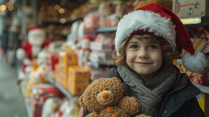 Happy boy in Santa Claus hat holding soft toy in his hands against the background of shelves with toys in the store