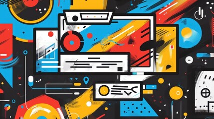 Obraz premium Abstract Colorful Graphic Design with Geometric Shapes and Black Background.