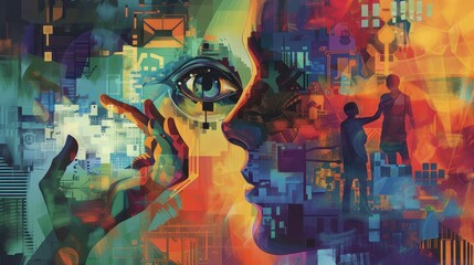 Abstract Digital Art with Human Figures and Eye.