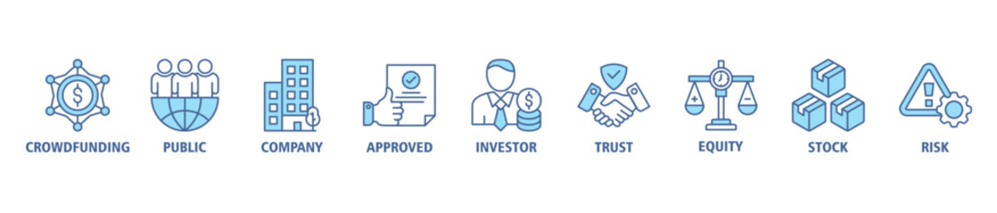 Ipo banner web icon set vector illustration symbol concept of initial public offering with icon of crowdfunding, public company, approved, investor, trust, equity, stock and risk