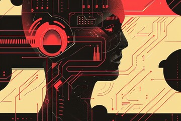 Abstract Digital Face with Red Lines and Circuitry.