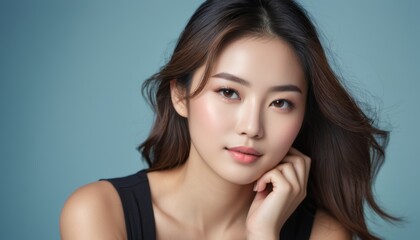 Fototapeta premium Close up portrait of a serene woman against a minimalist background. Perfect for beauty, skincare, and fashion concepts.