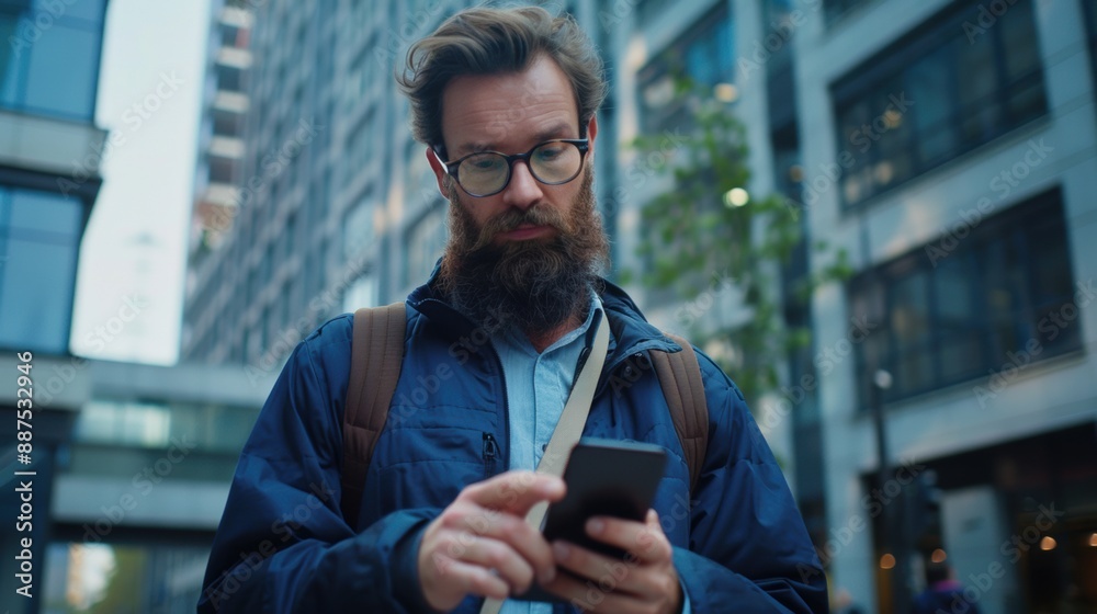 Wall mural A man with a beard looking at his cell phone