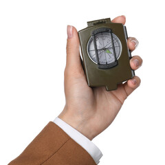 Woman holding compass on white background, closeup