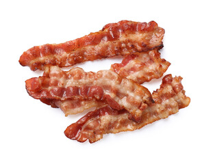 Slices of tasty fried bacon isolated on white, top view