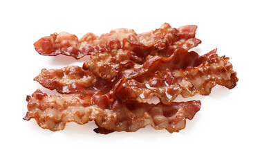 Slices of tasty fried bacon isolated on white