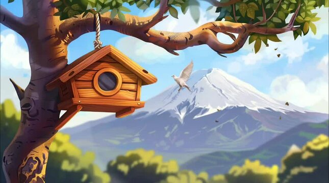 Birdhouse hanging on a tree branch with mountains in the background. Seamless loop video background