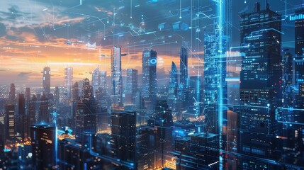 Naklejka premium Futuristic Cityscape with Data Overlay.