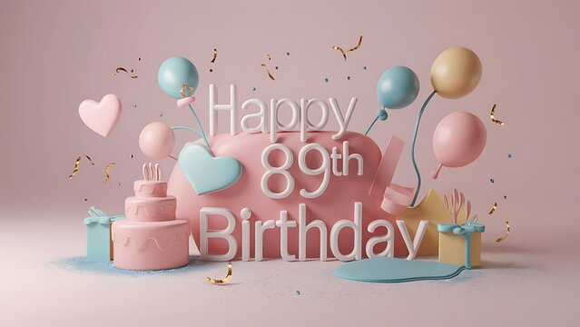 Minimalist 3D Pastel theme Happy 89th Birthday Background With Illustration Of Cake, Balloons, Heart And Confetti, 3d Happy Birthday Background