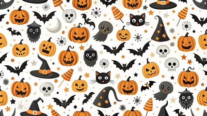 Seamless halloween pattern with scull bat ghost pumpkin bone candies white and black. 