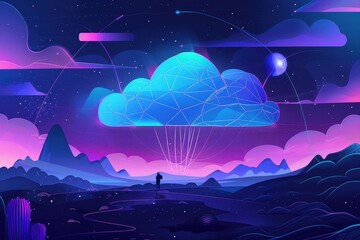 Futuristic Landscape with Cloud Network and Silhouette.