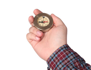 Man holding compass on white background, closeup