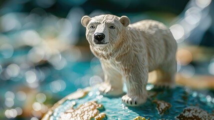 Polar bear figurine in climate change setting against global warming backdrop