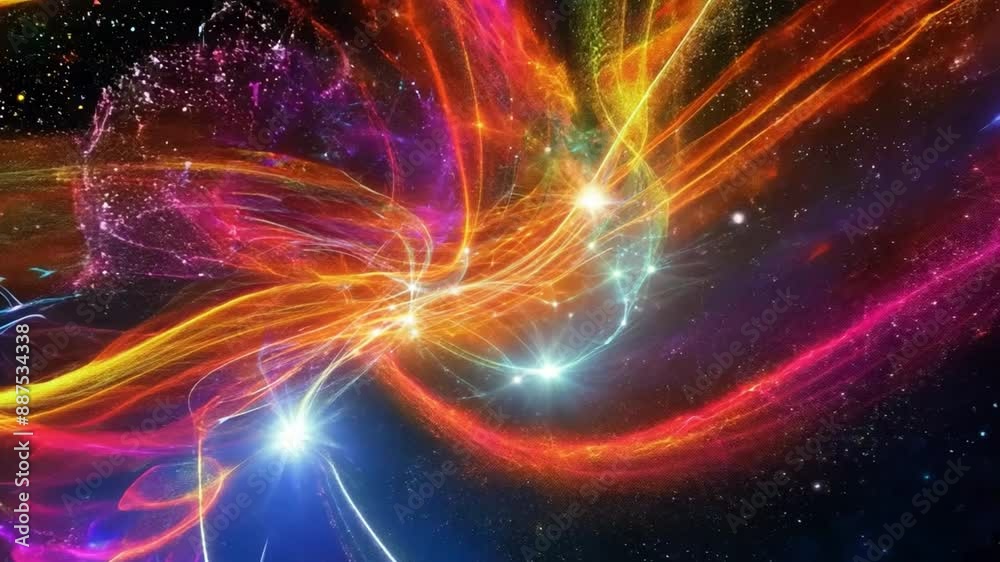 Poster a swirling array of vibrant light streaks in a variety of colors, against a backdrop of a starry nig