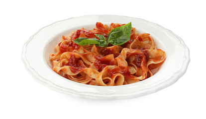 Delicious pasta with tomato sauce and basil isolated on white