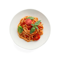Delicious pasta with tomato sauce and basil in bowl isolated on white, top view